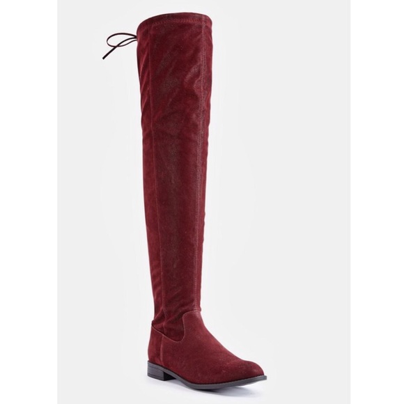 Burgundy over the knee flat suede boots - Picture 4 of 5